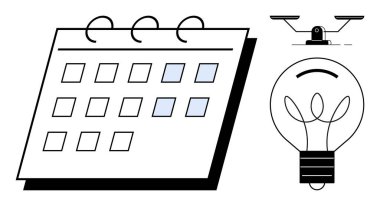 Birden fazla tarihi vurgulayan takvim, fikirleri ya da yeniliği sembolize eden ampul, eşitlik ya da eşitliği tasvir eden denge ölçeği. Zaman yönetimi, üretkenlik, planlama, yenilik için ideal