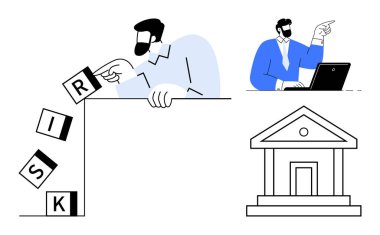 Engelleri istifleyen kişi sınıra yakın riskleri işaretlemiş. Profesyonel biri dizüstü bilgisayarda çalışıyor ve bir banka binası. Risk, strateji, istikrar, takım çalışması, mali planlama ve analiz için ideal