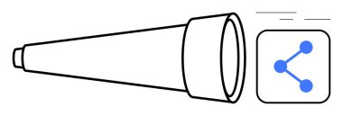 Teleskop, dijital bağlantı öneren bir paylaşım ikonu ile eşleştirilmiş keşifleri vurguluyor. Yenilik, teknoloji, keşif, iletişim, dijital platformlar, ağ oluşturma, basit iniş için ideal