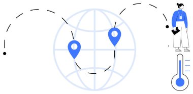 Konum lobutları ve seyahat yolları olan bir dünya, kişisel belgeler, termometre grafikleri. Navigasyon, lojistik, iklim izleme, keşif, sıcaklık izleme, küresel analitik için ideal