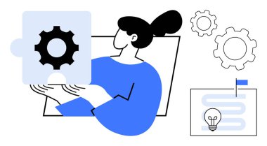 Kadın dişli bulmaca tutuyor, problem çözmeyi sembolize ediyor, yenilik, takım çalışması. Strateji, işbirliği, üretkenlik, yaratıcılık, proje yönetimi iş akışı basit iniş sayfası için ideal