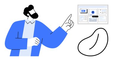 Adam dijital gösterge paneline doğru hareketler yapıyor video, çizelge, analiz. Sunum için ideal, veri analizi, eğitim, teknoloji, iş birliği çevrimiçi öğrenme. Basit düzlüğü temizle