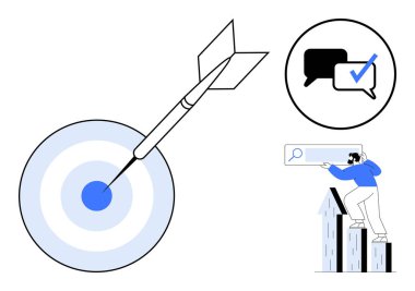 Dart hedefi tam on ikiden vurdu. Arama çubuğuyla bardaki adam, işaretli konuşma baloncukları. Başarı, başarı, hedef belirleme, iletişim, arama ekibi büyümesi için idealdir. Basit düz