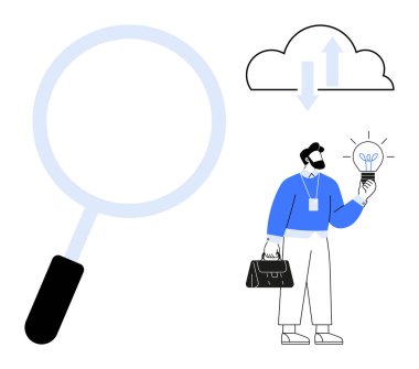 Işıldayan bir ampul tutan bir iş adamı, okları yükleyen ve indiren bir bulut, büyüteç. Yaratıcılık, teknoloji, iş, yenilik, verimlilik araştırma çözümleri için idealdir. Basit düz