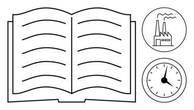 Boş sayfaları olan açık bir kitap, bir saat ve bacalı bir fabrika binası. Eğitim, eğitim, endüstriyel uygulama, zaman yönetimi, üretkenlik, planlama süreci verimliliği ve basit