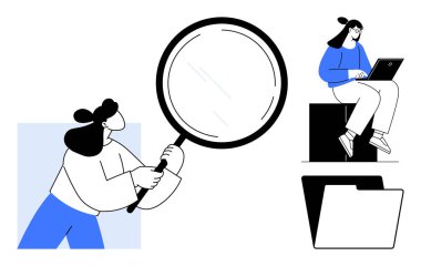 Kadın odaklı arama için büyüteç tutuyor, diğeri de klasörün yanındaki dizüstü bilgisayarda çalışıyor. Araştırma, analiz, veri örgütü, bilgi yönetimi, iş akışı verimliliği için ideal