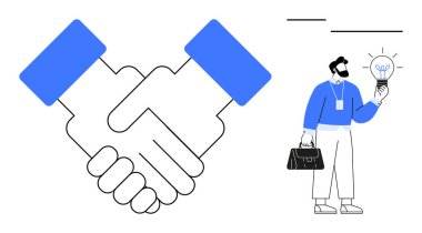 İşbirliğini simgeleyen tokalaşma fikri ve yeniliği sembolize eden bir ampulü tutan bir profesyonelle eşleştirildi. Takım çalışması için ideal, iş ortaklıkları, fikir üretimi, yenilik