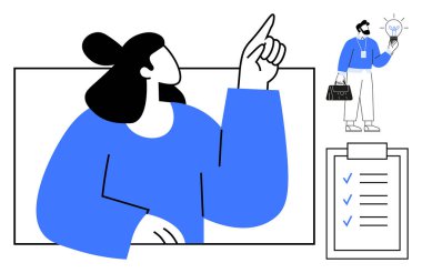 Kadın parmağını kaldırır, erkek parlak ampulü tutar yaratıcılığı, problem çözmeyi, takım çalışmasını simgeler. Kontrol listesi görevleri vurgular. Beyin fırtınası, strateji, yenilik, eğitim takım çalışması çözümleri için ideal