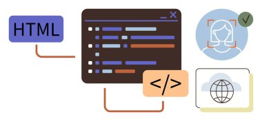 HTML coding, browser window with code, face recognition technology, and global internet access. Ideal for web design, coding, AI, programming technology innovation user experience. Simple flat clipart svg vector 