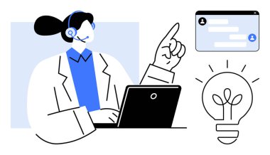 Kulaklık takan, dizüstü bilgisayar kullanan, sohbet penceresini gösteren, yeniliği simgeleyen ampulün yanındaki destek ajanı. İletişim, teknoloji, müşteri hizmetleri, ekip çalışması, beyin fırtınası fikri için ideal.