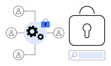 Bağlı kullanıcı simgeleri, dişliler, kilitlenmiş asma kilit ve arama çubuğu veri koruması, mahremiyet, siber güvenlik ve güvenli işbirliğini vurguluyor. Teknoloji ve web uygulamaları için ideal gizlilik araçları bulut hizmetleri