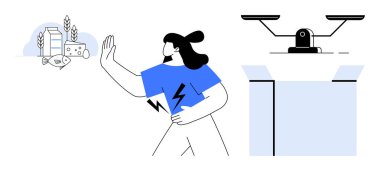 Kadın midesi elindeyken süt ürünlerini jestle reddediyor. Alerjik reaksiyon ve sağlıklı seçimler. Sağlık farkındalığı, diyet, alerji, laktoz duyarlılığı, sürdürülebilir yiyecekler için ideal