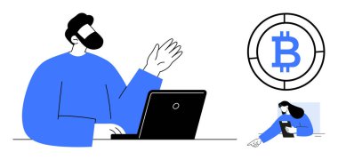 Dizüstü bilgisayarın yanında el kol hareketi yapan adam, tablet tutan kadın, dijital para birimini temsil eden Bitcoin ikonu. Engelleme zinciri, kripto para birimi, yatırım, teknoloji, finans, işlemler için ideal basit iniş sayfası