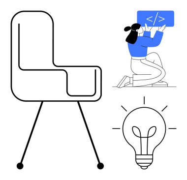 Kodlama arayüzünde kadın geliştirici kodu, büyük koltuk çizgisi, parlayan ampul. Teknoloji, yenilik, yaratıcılık, yazılım, tasarım, basit iniş sayfası için ideal