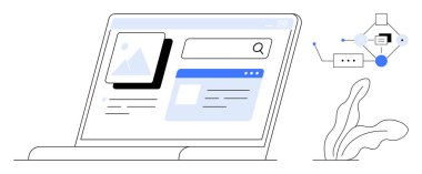 Arama çubuğu, resim tutucu ve içerik düzenini gösteren dizüstü bilgisayarı aç. Bitişik algoritma diyagramı ve bitki çizimi. Teknoloji, yenilik, veri akışı ve arayüz için ideal