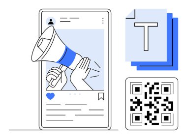 Megafon, postayla akıllı telefon, istiflenmiş belge dosyası, QR kodu, pazarlama stratejileri. Dijital pazarlama, sosyal medya, iletişim, reklam, içerik oluşturma belgesi için ideal