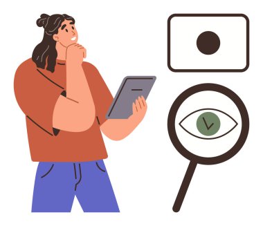 Tablet tutan bir kadın, gözünün üzerinde büyüteç, dairesel şekilli. Merakın, araştırmanın, sezginin, konsantrasyonun, kritik görüşün keşfi için idealdir. Basit düz metafor