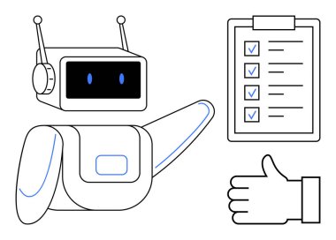 Robotik figür, tamamlanmış görevleri olan bir kontrol listesine doğru işaret eder ve yanında da bir onay sembolü taşır. Otomasyon için ideal, yapay zeka süreçleri, üretkenlik, görev yönetimi, yenilik, takım çalışması, basit