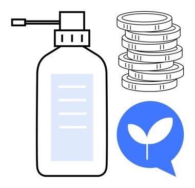 Pompa şişesi, bozuk para yığını ve mavi ikon içinde filizlenen yaprak sürdürülebilirlik, çevre dostu iş, biyolojik çözünürlük, yeşil ekonomi, finansal yatırım, kaynak tasarrufu