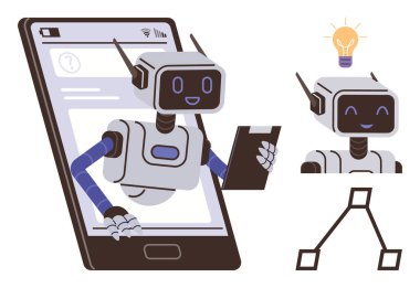 Akıllı telefondan çıkan robot kafasının üstünde parlayan bir ampulle bir mobil cihaz tutuyor. Yapay zeka, sohbet robotu, yenilik, iletişim, otomasyon, problem çözme teknolojisi için ideal. Basit düz