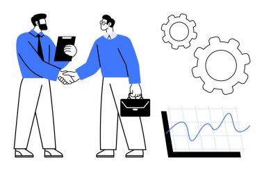 İki iş adamı el sıkışıyor, biri bir pano tutuyor, yanında vites simgeleri ve büyüme çizelgesi var. Ortaklık, takım çalışması, iş başarısı, şirket anlaşmaları, girişimcilik için ideal