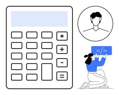 Büyük hesap makinesi, bir kullanıcıyı temsil eden avatar ve kod paneli tutan diz çökmüş bir kadın kodcu. Teknoloji, kodlama, işletme, finans, geliştirme, problem çözme ve basit bir iniş sayfası için ideal