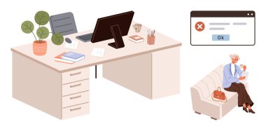 Masa, bilgisayar, dokümanlar, bitki, ekrana gelen hata mesajı ve kanepede okuyan yaşlı bir kadın. Çalışma alanı, verimlilik, hata analiz gevşemesi için ideal çoklu görev