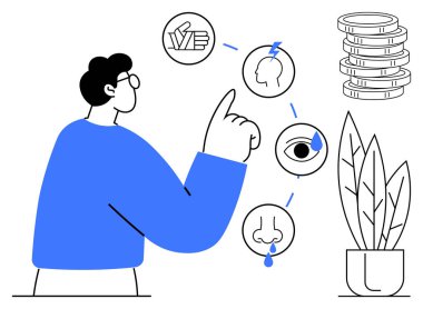 Beyin, görme ve koklama duyuları olan madeni paraların ve bitkilerin yakınındaki duyusal ikonları işaret eden kişi. Eğitim, sağlık, finans, karar verme, analitik, kişisel büyüme için idealdir. Basit düz metafor