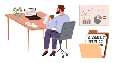 Sandalyedeki profesyonel adam raporları analiz ediyor, bilgisayarı yakınlarda. Duvardaki çizelgeler, belgeler ve ikili kodlu dosyalar verimliliği gösteriyor. İş, finans, teknoloji ve veri analizi için ideal