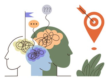 İnsan kafasındaki karmaşık çizgiler hedef ve okla temsil edilen berraklığa dönüşüyor. Sorun çözme, hedef belirleme, karar verme, zihinsel berraklık, takım çalışması, motivasyon için ideal