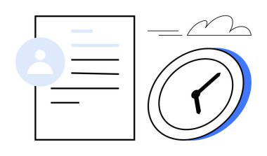 Profil simgesi, analog saat ve zaman yönetimini yansıtan bulut, verimlilik, zaman çizelgesi, mühlet, organizasyon, planlama ve verimliliği içeren belge. Basit düz metafor