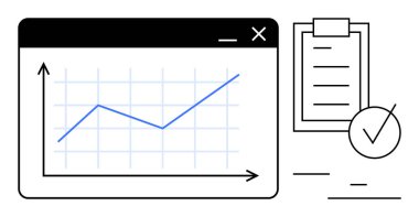 Yukarı doğru eğilimli grafikler, işaretli panolar ve minimum tasarım elemanları büyüme ve ilerlemeyi tanımlar. Analiz, raporlar, başarı, üretkenlik, hedefler, iş akışı için ideal basit iniş