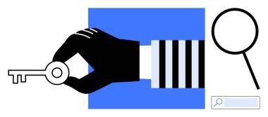 Bir anahtar, büyüteç ve arama çubuğu erişimi, aramayı, keşfi, çözümleri, anahtar bulguları, keşif verilerini sembolize ediyor. Güvenlik araştırması için ideal dijital araçlar çözümleri
