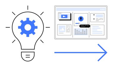 Dişli ampul yeniliği simgeliyor, grafik, video ve metin içeren bir veri paneline bir ok vasıtasıyla öncülük ediyor. Yaratıcılık, teknoloji, iş akışı, süreç, organizasyon yeniliği için ideal