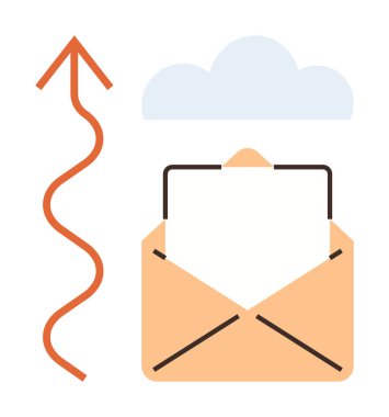 İçinde kağıt, üstünde bulut olan bir zarf aç ve yukarı doğru ok iletişimi, e-postayı ve dosya paylaşımını sembolize ediyor. İletişim, e- posta, mesajlaşma, ağ bağlantısı için ideal