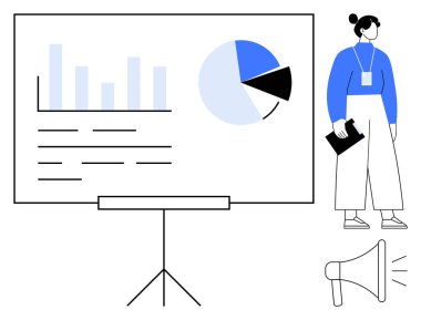 Çizelge standında grafik, pasta grafikleri ve notlarla veri sunan bir kadın. İş planlaması, analitik, kurumsal eğitim, iletişim, eğitim, takım çalışması profesyonel yönetim için ideal