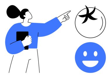 Elinde defter tutan, sembolü yukarı doğru gösteren ve gülümseyen yüz simgesi olan bir kadın yakınlarda beliriyor. Astroloji için ideal, pozitiflik, rehberlik, eğitim, planlama, üretkenlik, basit iniş sayfası