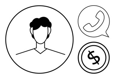 Bir çemberin içinde konuşma balonunda bir telefon ve bir dolar işareti olan bir kişinin profilinin minimal tasarımı. İletişim, ağ, finans, kullanıcı arayüzü, müşteri hizmetleri için ideal