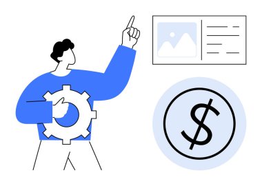 Elinde vites sembolü olan adam veri tablosuna ve büyük dolar işaretine işaret ediyor. İş, verimlilik, yenilik, analitik, strateji, gelir yönetimi, takım çalışması için idealdir. Basit düz metafor