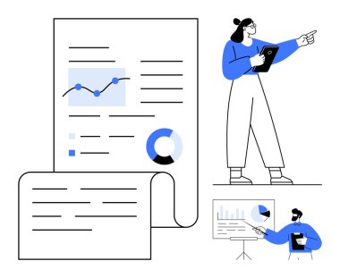 Büyüme çizelgeleriyle veri raporu, içgörü sunan kadın, profesyonel analiz eğilimleri. Takım çalışması, veri analizi, iş stratejisi, eğitim, iletişim, araştırma sade iniş sayfası için ideal