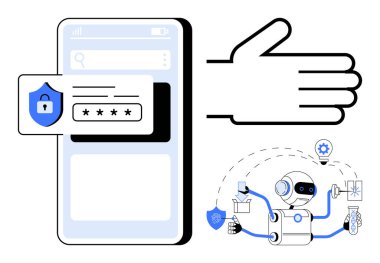 Parola girişi olan mobil güvenlik, kalkan simgesi, görev yöneten yapay zeka robotu ve insan etkileşimi. Veri koruması, siber güvenlik, teknoloji, yenilik, otomasyon mahremiyeti için idealdir.