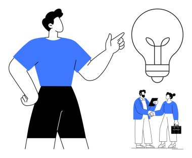 Kişi, yaratıcılığı sembolize eden ampulü işaret ederken, iki iş adamı el sıkışıyor ve planları tartışıyorlar. Takım çalışması, ortaklık, yenilik, yaratıcılık, liderlik, başarı için ideal