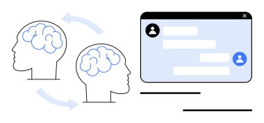 Mesajlaşma arayüzünün yanındaki oklarla birbirine bağlı iki insan beyni iletişim gösteriyor. Yenilik, işbirliği, bilgi paylaşımı, iletişim, beyin fırtınası, ağ oluşturma, basit