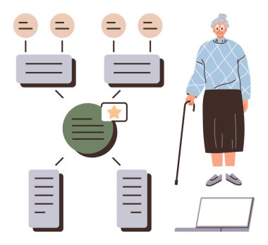 Birbirine bağlı veri, mesaj kutusu ve dizüstü bilgisayar diyagramının yanında bastonu olan yaşlı bir kadın. Teknoloji, iletişim, ulaşılabilirlik, yaşlanma, eğitim, yenilikçi sağlık hizmetleri için idealdir. Dostça.