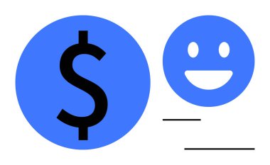 Gülümseyen yüzün yanındaki büyük mavi dolar işareti finansal büyümeyi, mutluluğu ve başarıyı vurguluyor. Finans, bankacılık, büyüme, olumlu geri bildirim, tasarruf e-ticaret basit iniş sayfası için ideal
