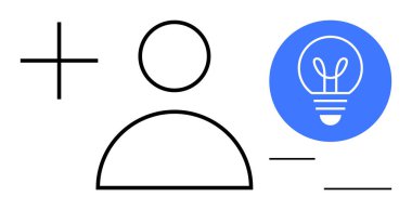 Bir kullanıcı figürünün soyut tasarımı, fikirleri sembolize eden ampul, artı ve eksi işaretleri. Yaratıcılık, yenilik, kullanıcı merkezli tasarım, problem çözme, beyin fırtınası, basit iniş profilleri için ideal