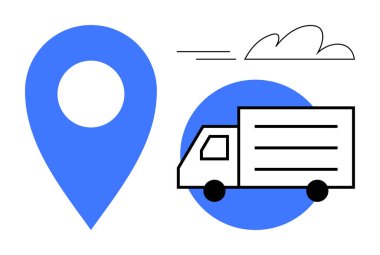 Bulut ve hareket çizgileri olan bir kargo kamyonunun yanında. Lojistik, ulaşım, nakliye, navigasyon, dağıtım, izleme, iş iletişimi için ideal. Basit düz metafor