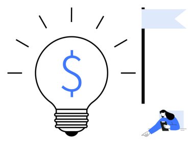 Dolar işaretli ampul, parlak fikirler, hedefleri gösteren bayrak, sakince okuyan kadın. Girişimcilik, finans, yenilik, hedef belirleme, iş planlaması, motivasyon sade iniş için ideal