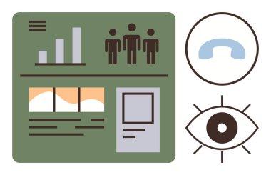 Çubuk çizelgesi, kullanıcı figürleri ve görsel öğelerin yer aldığı gösterge paneli pencere, telefon ve gözü gösterir. Ölçüm, veri, iletişim izleme, analitik yönetim arayüzü için ideal. Basit.