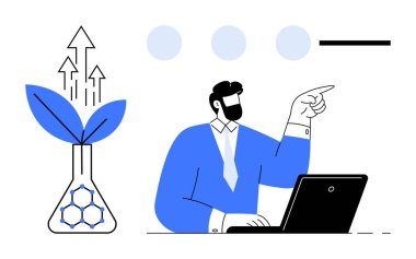 Büyümeyi, bilimi ve gelişimi sembolize eden bir şişede bitkiye işaret eden bir dizüstü bilgisayar uzmanı. İş için ideal, yenilik, ekoloji, araştırma, sürdürülebilirlik ilerlemesi ekip çalışması. Basit.